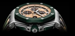 The unique watches fake Audemars Piguet Royal Oak Offshore 26400SO.OO.A054CA.01 have stainless steel cases, green ceramic bezels and camouflage rubber straps.