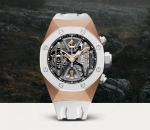 The 44 mm fake Audemars Piguet Royal Oak Concept 26223RO.OO.D010CA.01 watches have 18k rose gold cases, white ceramic bezels and white rubber straps.