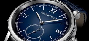 The 43 mm fake Audemars Piguet Jules Audemars 26590PT.OO.D028CR.01 watches have blue dials.