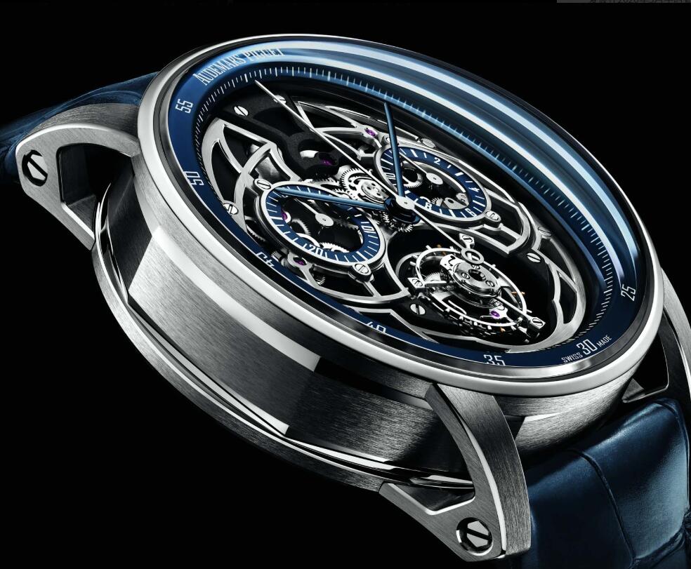 The blue hands are striking on the skeleton dial of copy Audemars Piguet.